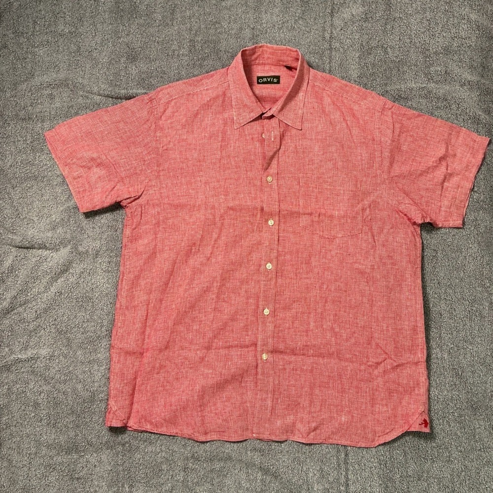 Orvis Mens XL Red 100% Linen Short Sleeve Button Down Shirt Micro Houndstooth